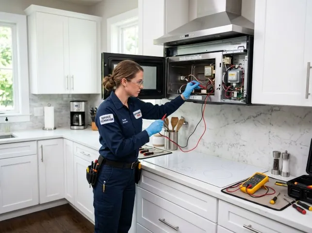 Appliance Repair Hero technician testing an over-the-range microwave in a Arcadia, CA kitchen